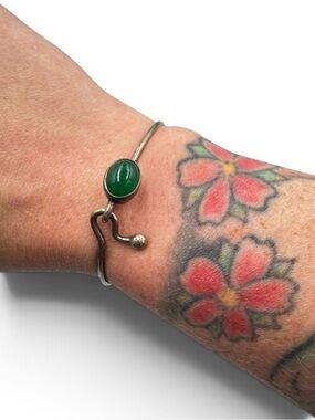 Vintage Sterling Silver Green Onyx Modernist Cuff Bracelet Minimalist 6.5”